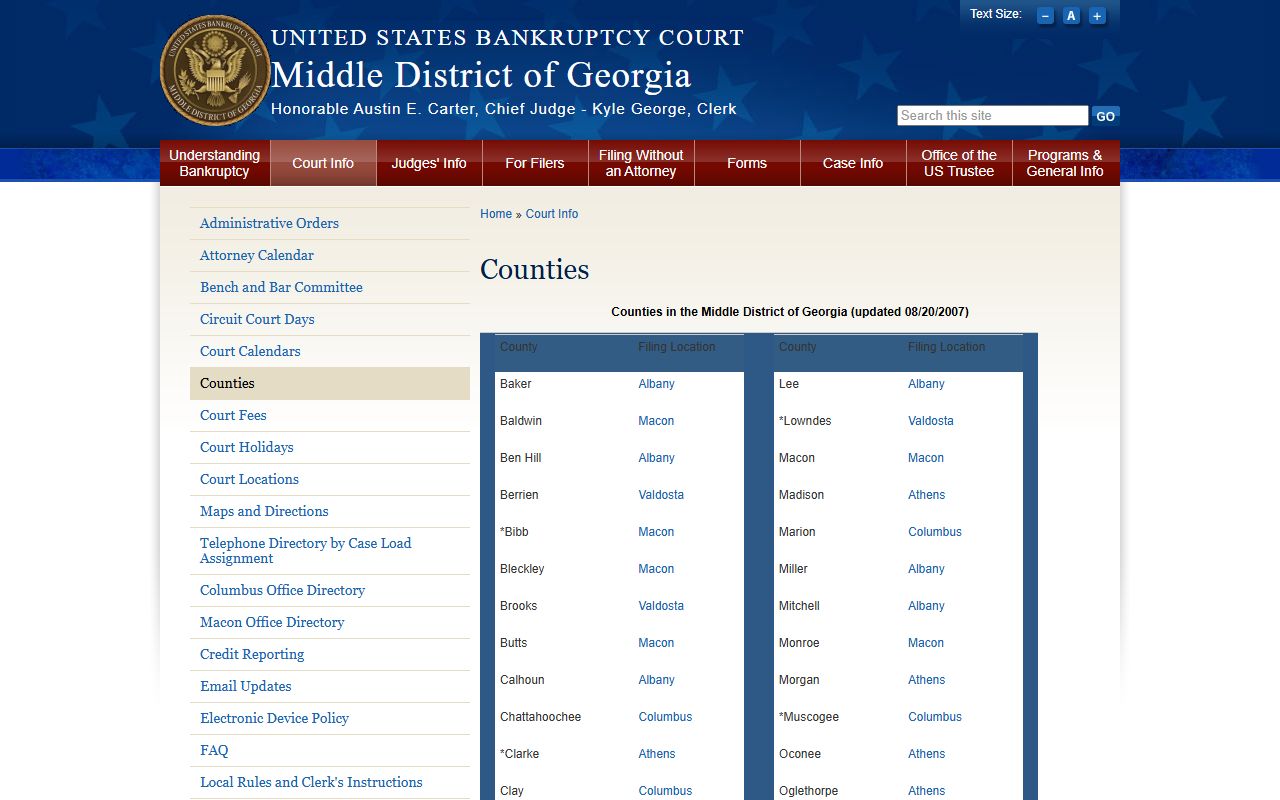Randolph County court dockets bankruptcy county filing location table