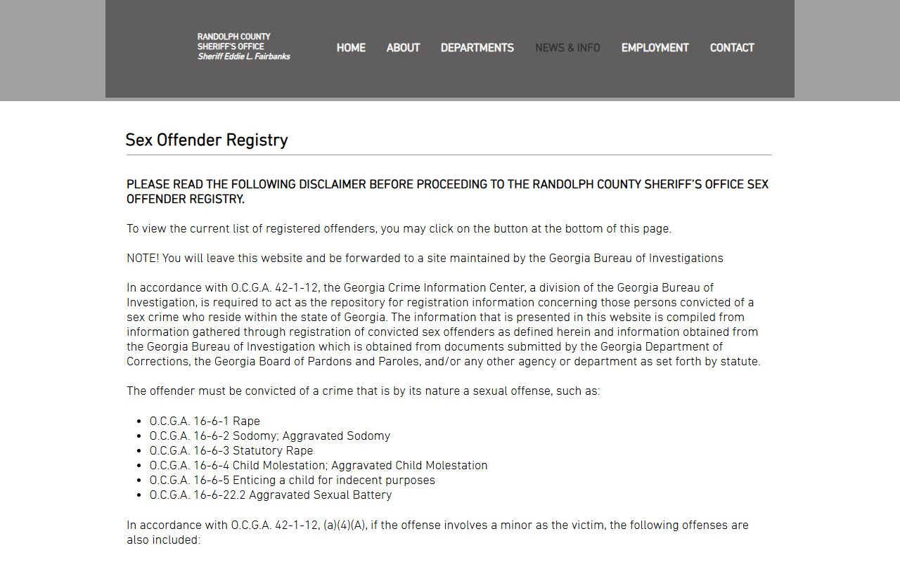 Randolph County inmate records sheriff sex offender registry page